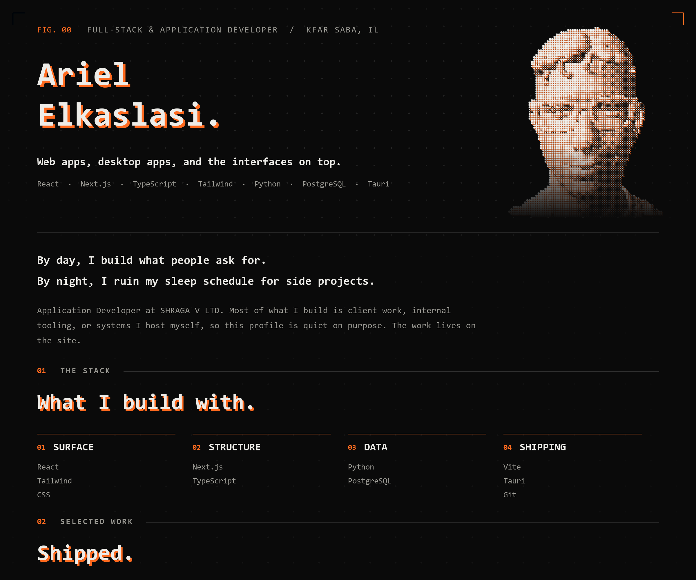 Ariel Elkaslasi. Full-stack and application developer, Kfar Saba, Israel. Web apps, desktop apps, and the interfaces on top. React, Next.js, TypeScript, Tailwind, Python, PostgreSQL, Tauri. By day I build what people ask for. By night I ruin my sleep schedule for side projects. Application Developer at SHRAGA V LTD; most of what I build is client work, internal tooling, or systems I host myself, so this profile is quiet on purpose. The stack in four layers: Surface is React, Tailwind and CSS. Structure is Next.js and TypeScript. Data is Python and PostgreSQL. Shipping is Vite, Tauri and Git.