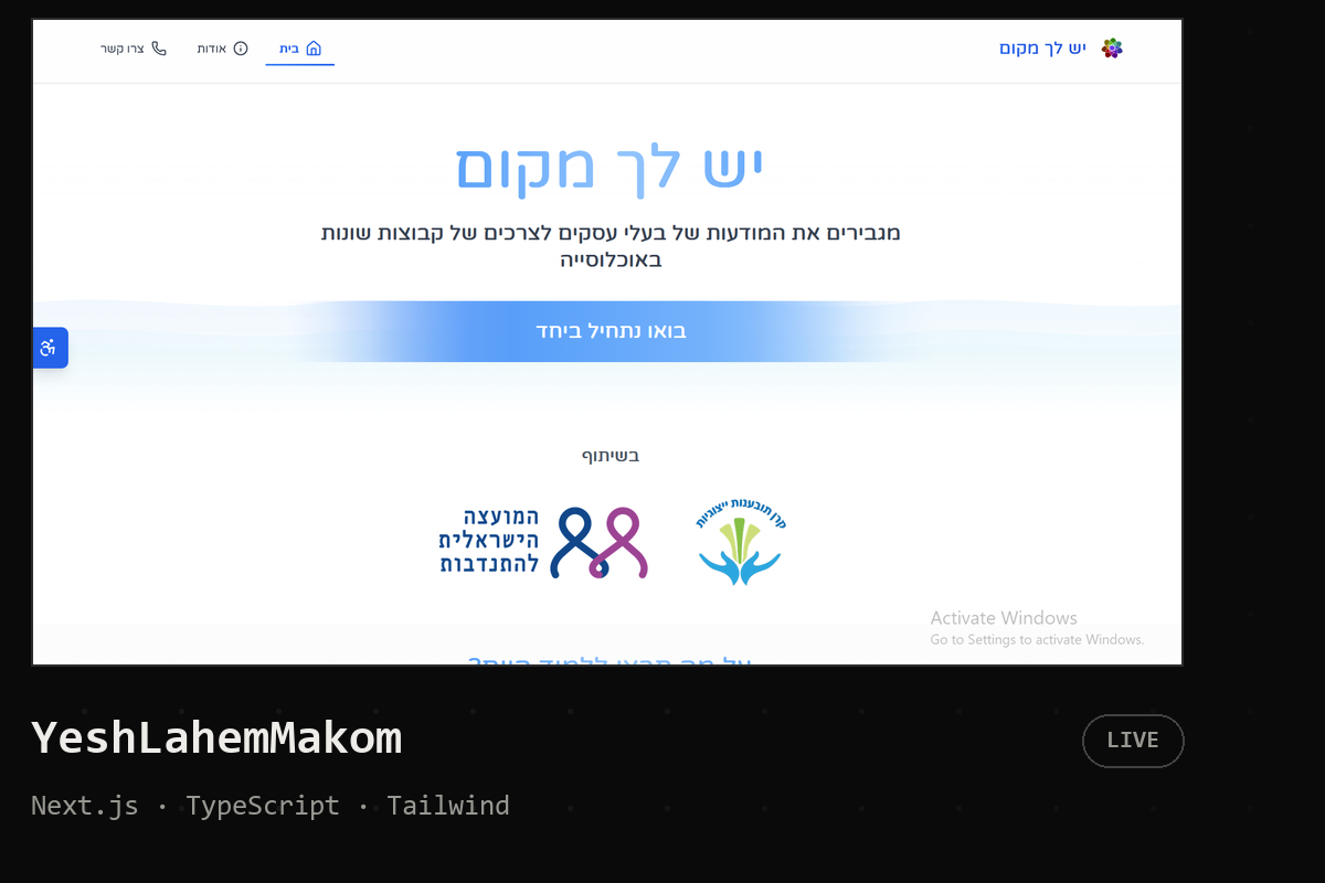 YeshLahemMakom. A platform helping business owners make their establishments accessible for people with disabilities. Live. Next.js, TypeScript, Tailwind.