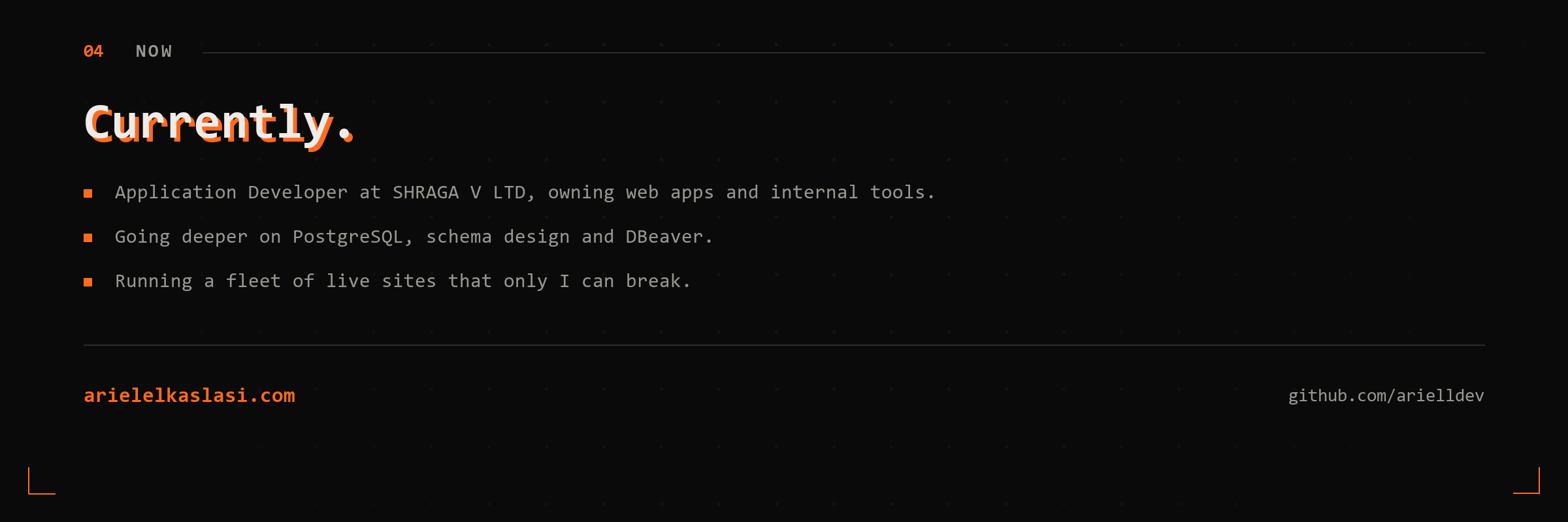 Now: Application Developer at SHRAGA V LTD, owning web apps and internal tools. Going deeper on PostgreSQL, schema design and DBeaver. Running a fleet of live sites that only I can break.